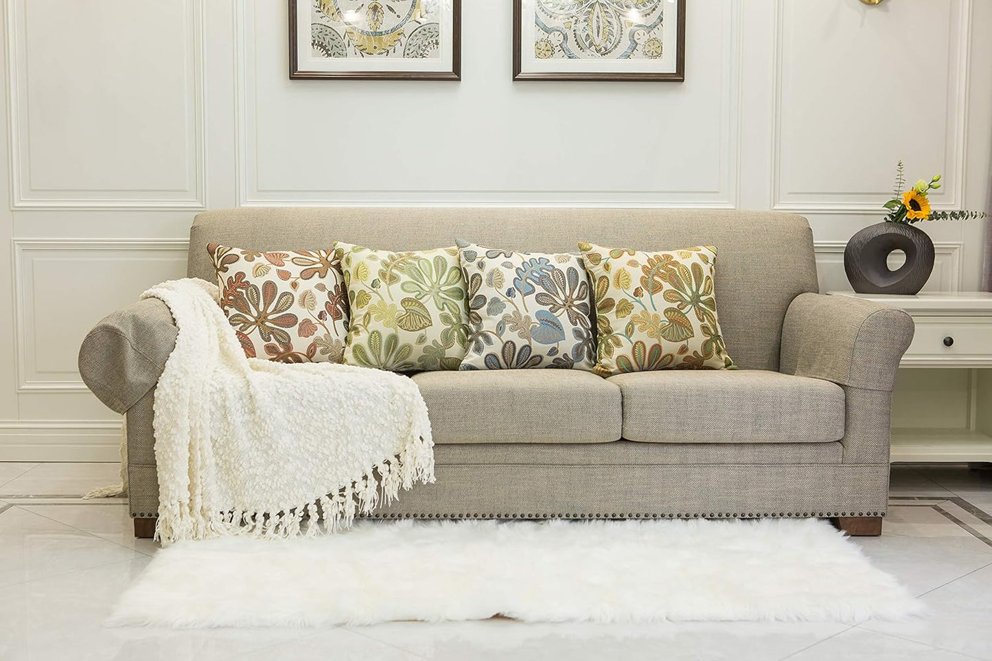 Set of 2 Jacquard Tropical Leaf Pattern Throw Pillow Covers Decorative Pillowcase 20X20 Inches,Blue Cream