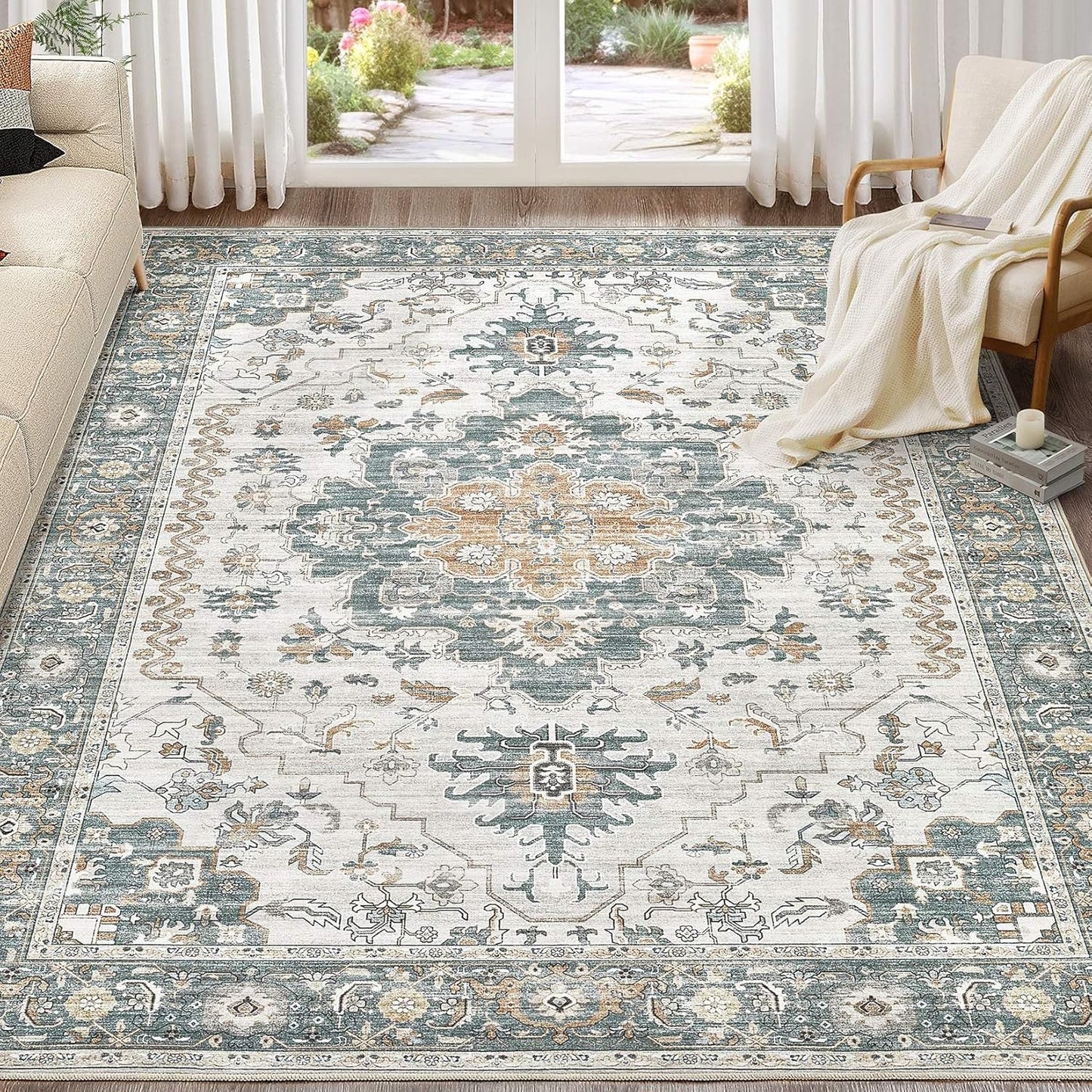 Washable Area Rugs for Living Room -9x12 Neutral Vintage Distressed Floral Farmhouse Boho Large Soft Floor Rug Indoor Non Slip Carpet for Living Room Bedroom Dining Room Office -Green/Grey
