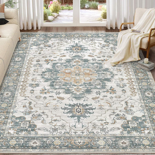 Washable Area Rugs for Living Room -10x12 Neutral Vintage Distressed Floral Farmhouse Boho Large Soft Floor Rug Indoor Non Slip Carpet for Living Room Bedroom Dining Room Office -Green/Grey