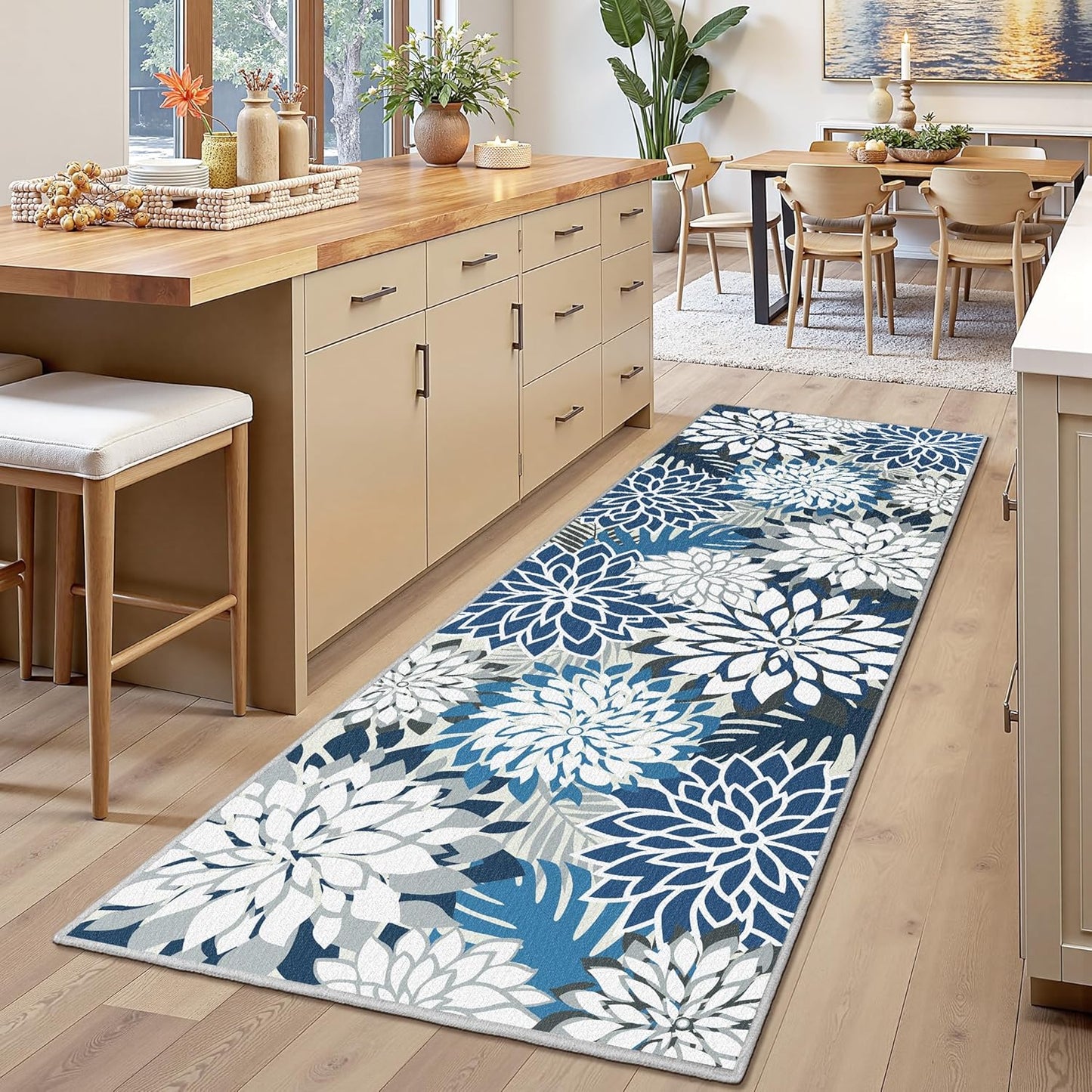 Area Rug 2x6 Blue White Washable Entry Rug Multicolored Tropical Botanical Modern Floral Indoor Kitchen Door Mat Entrance Carpet Non Slip for Bedroom Living Room, Porch