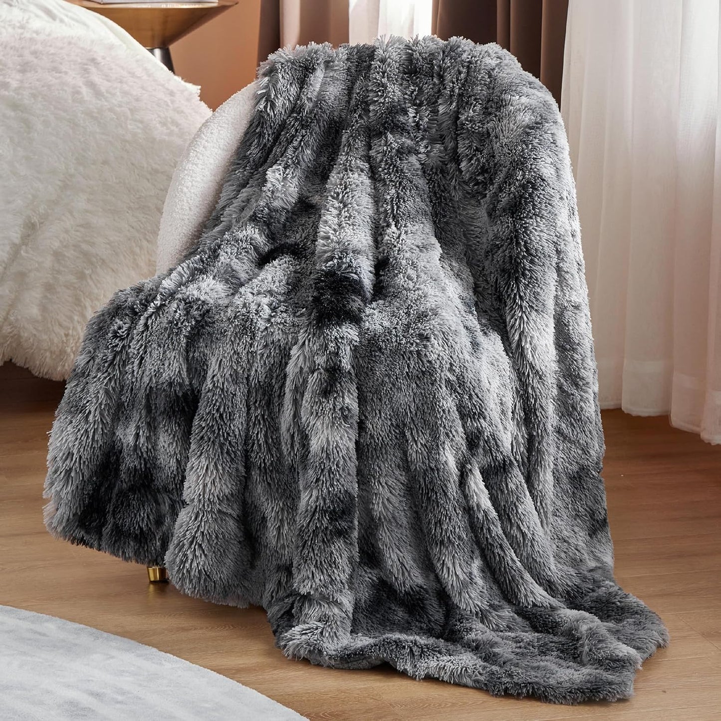 Bedsure GentleSoft Fuzzy Faux Fur Sherpa Fleece Blanket Twin Size, Plush Thick Warm Twin Blanket for Bed, College Dorm Essentials Gifts for Girls Boys, Tie Dye Grey Decor for Winter, 60x80