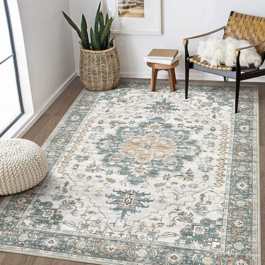 Washable Area Rugs for Living Room - 5x7 Neutral Vintage Distressed Floral Farmhouse Boho Large Soft Floor Rug Indoor Non Slip Carpet for Living Room Bedroom Dining Room Office - Green/Grey