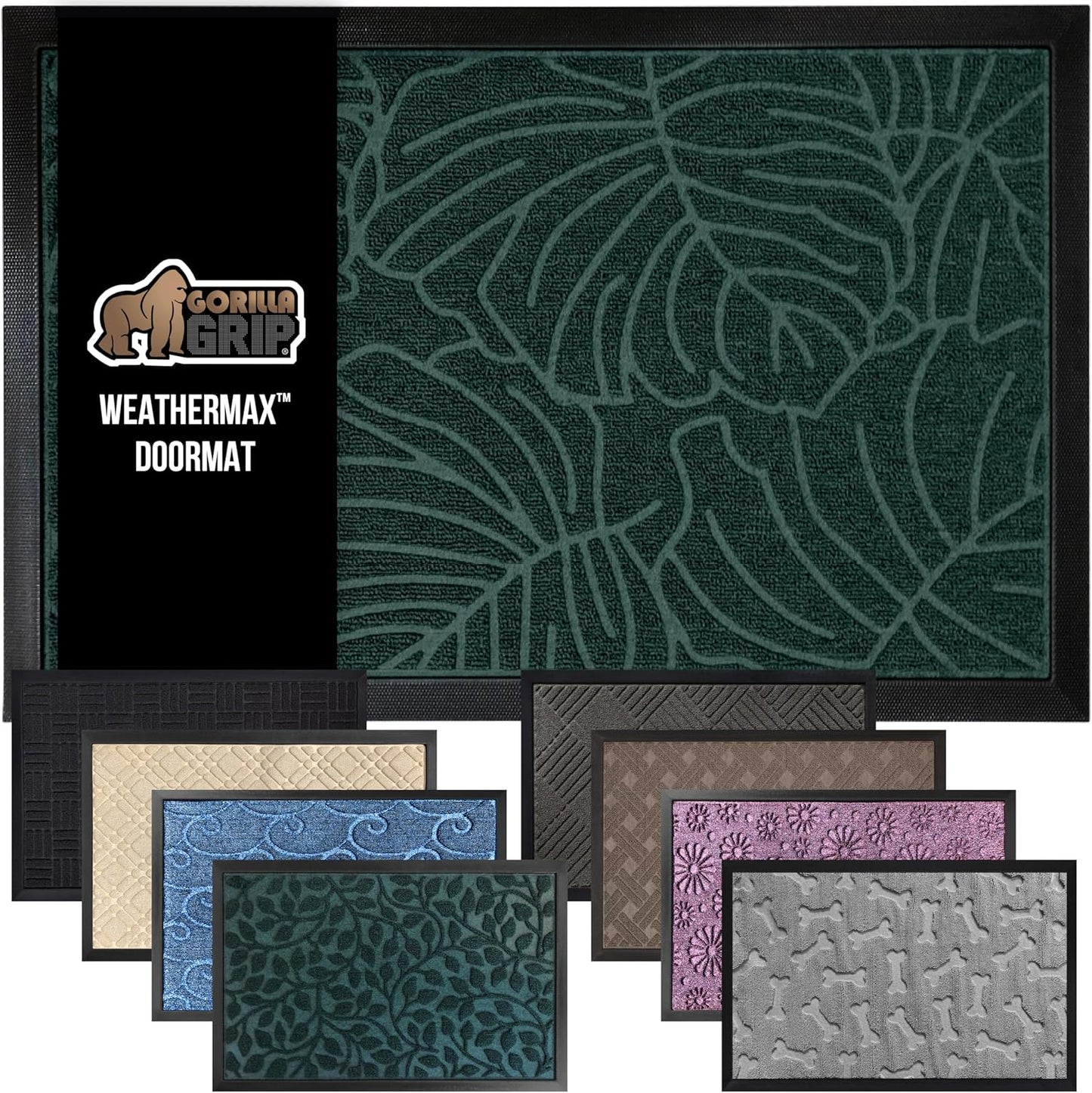 GORILLA GRIP 100% Waterproof All-Season WeatherMax Doormat, 47x35, US Designed Natural Rubber, Stain and Fade Resistant, Low Profile Indoor Outdoor Door Mats, Easy Clean Patio Mat, Green Palm