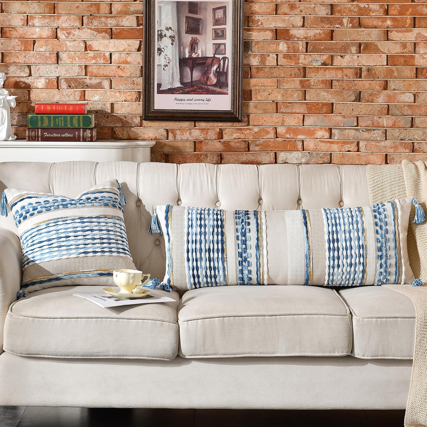 AmHoo Chenille Striped Textured Boho Throw Pillow Covers Aesthetic with Tassels Woven Decorative Pillow Case for Couch Bed Sofa Bedroom Modern Funky 14 x 36-Inch Sky Blue