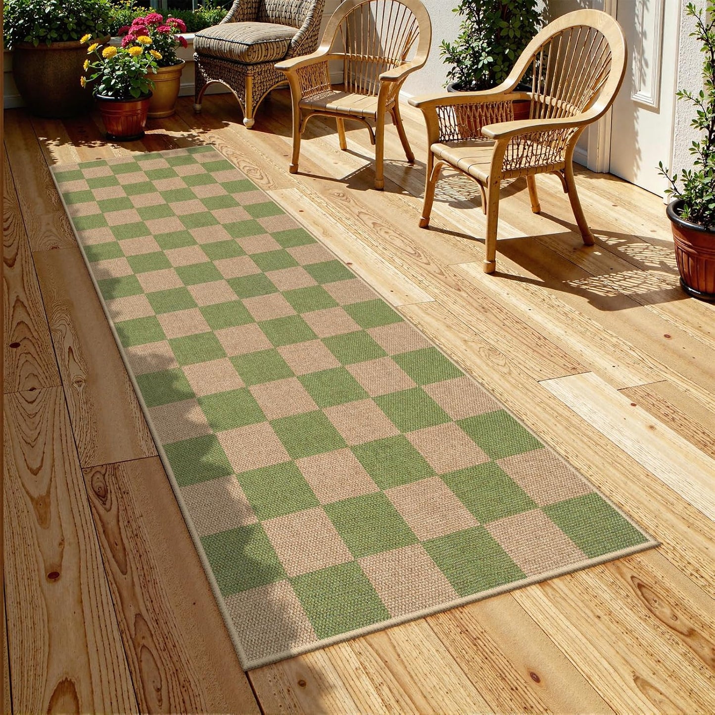 Lahome Checkered Entryway Runner Rug, 2x8 Green Washable Rug Runners for Hallway Non Slip, Farmhouse Indoor Outdoor Non Shedding Kitchen Mats for Floor Porch Balcony