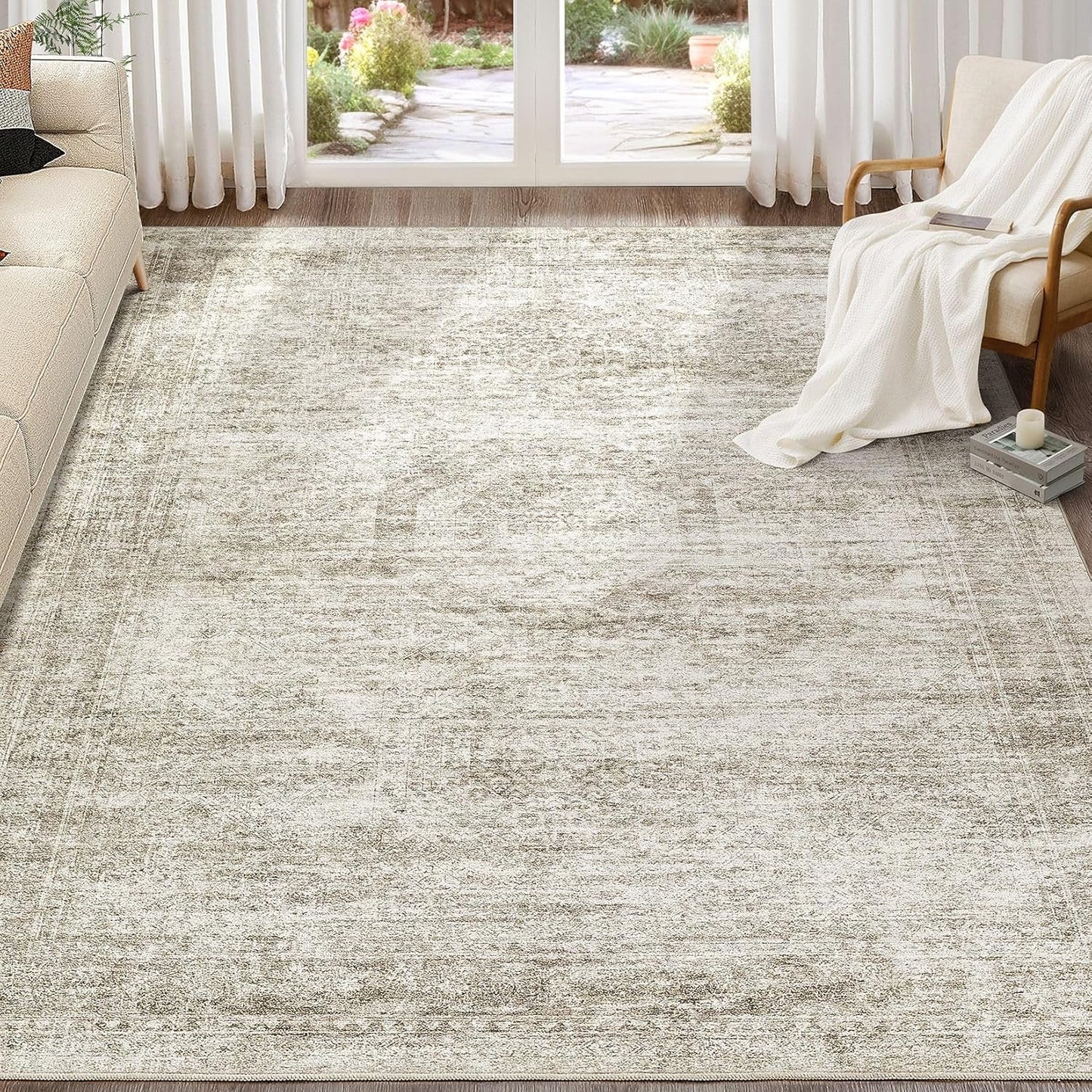 Washable Area Rugs for Living Room -9x12 Neutral Vintage Distressed Floral Farmhouse Boho Large Soft Floor Rug Indoor Non Slip Carpet for Living Room Bedroom Dining Room Office - Beige