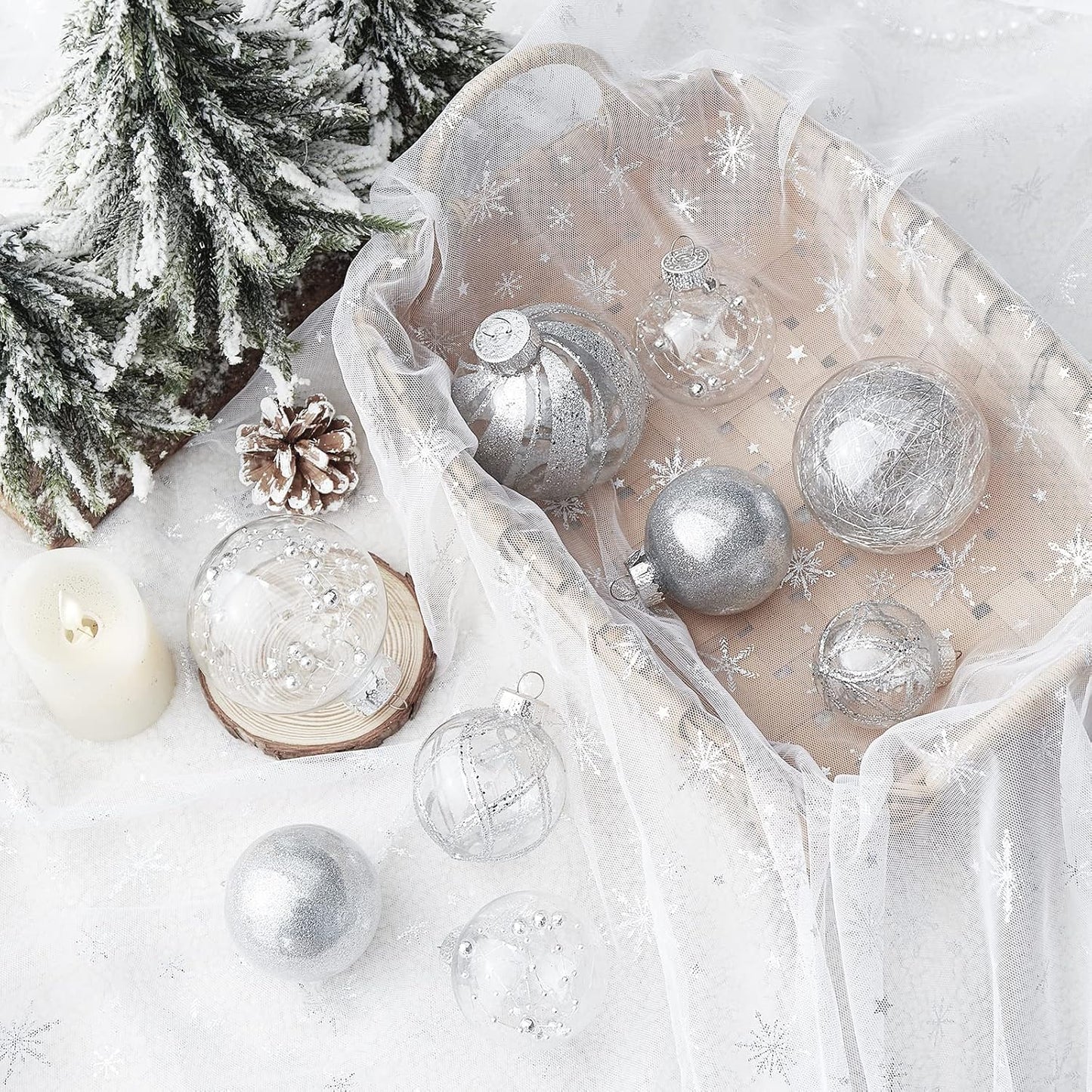 Clear Christmas Ball Ornaments,24ct Shatterproof Plastic Decorative Christmas Ornaments Hanging Xmas Tree Baubles Set with Stuffed Delicate Glittering Decorations for Holiday Party Home Decor (Silver)
