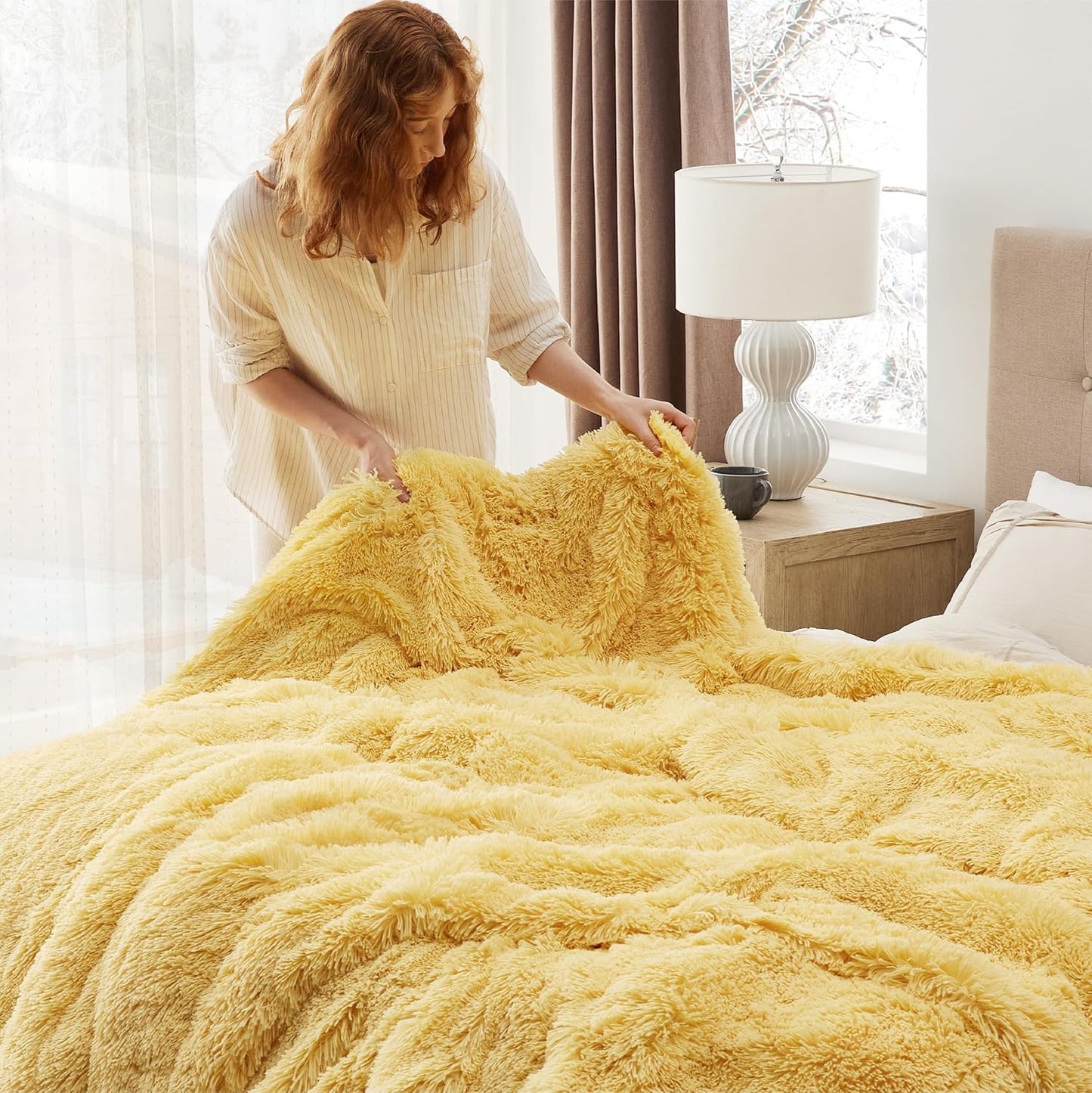 Bedsure GentleSoft Fuzzy Sherpa Faux Fur Twin Blanket Yellow Cozy Gifts for Women Men, Soft Fleece Plush Warm Thick Blanket Twin Size for Bed, Couch, Room Dorm Essentials Yellow Decor Gifts, 60x80
