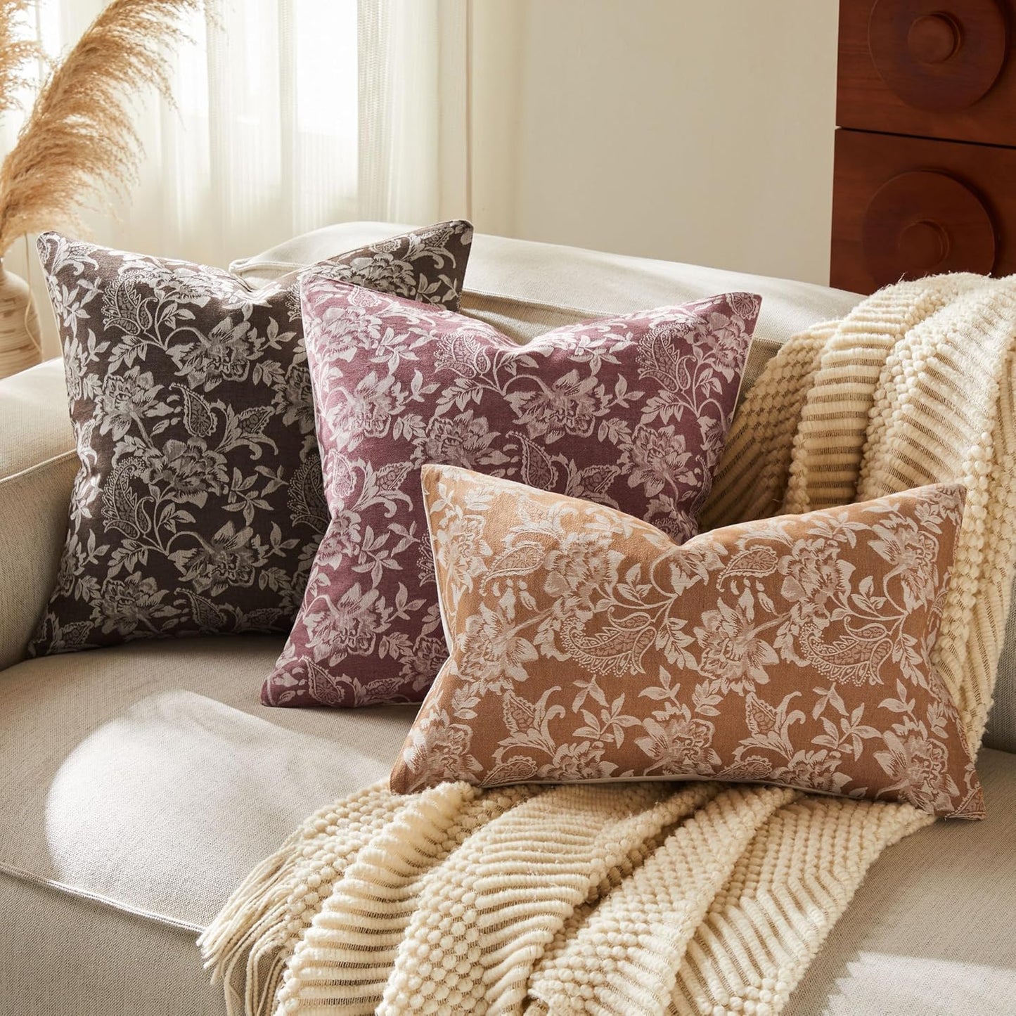 Floral Jacquard Throw Pillow Covers Set of 2, Background/Chocolate 22x22 Inch, Farmhouse Decorative Cotton Dark Brown Cushion Covers for Sofa Bed Living Room Home Decor