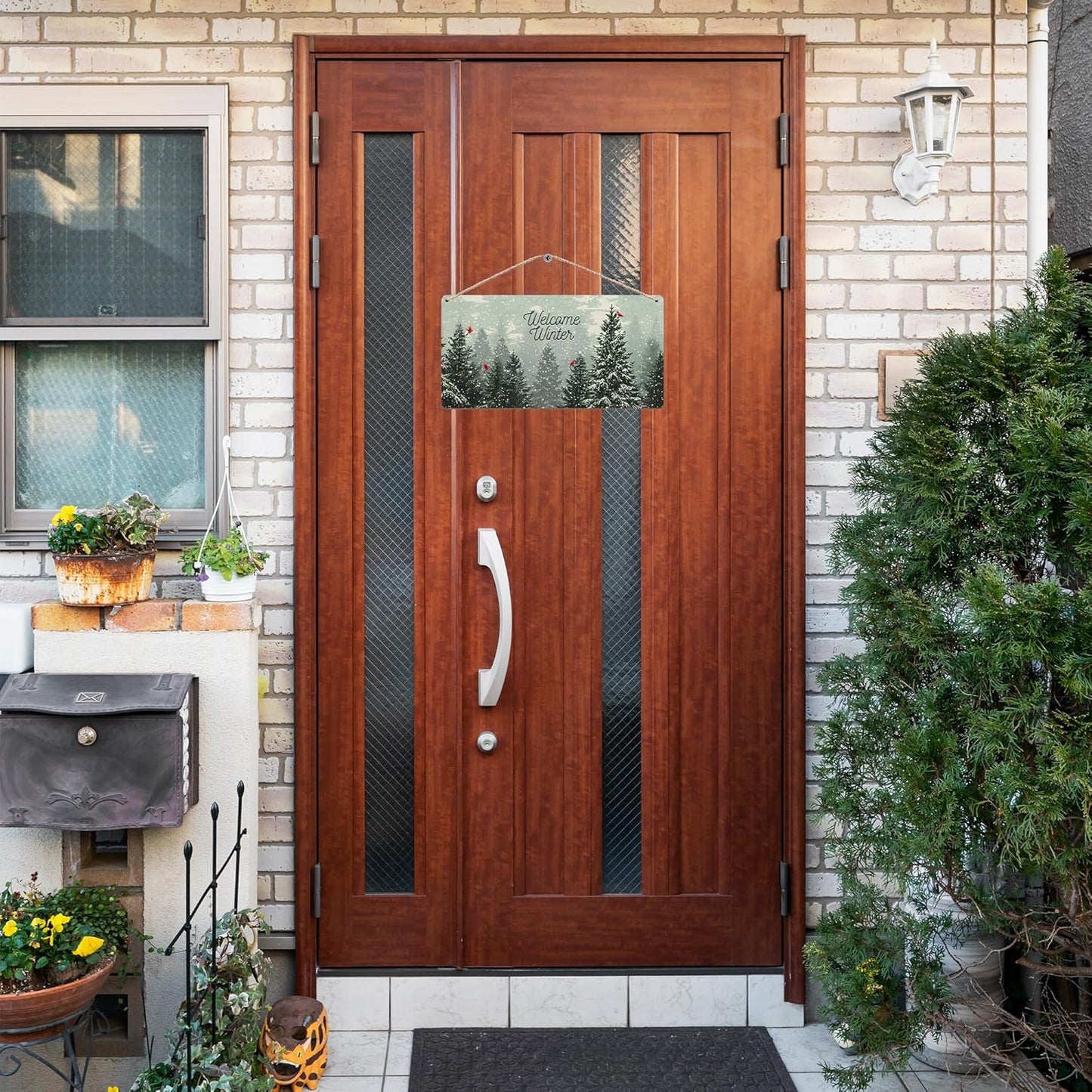 Welcome Winter Hanging Wooden Signs 12x6, Pine Tree Decor, Winter Door Decorations, Winter Door Sign, Snowflake Pine Trees Birds Home Room Office Hanging Wall Decor