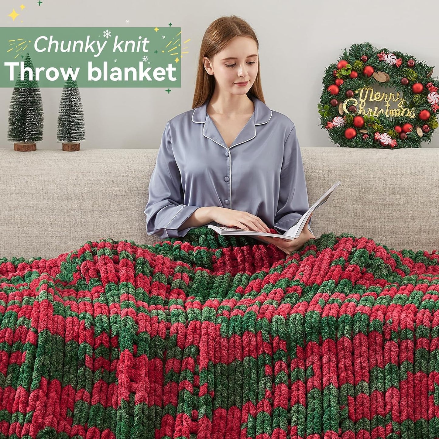 Chunky Knit Throw Blanket, 40''*50'' Knitted Throw Chenille Yarn for Bed Couch, Handmade Stripe Crochet Big Thick Blanket, Machine Washable Cute Comfy Blanket for Home Decor