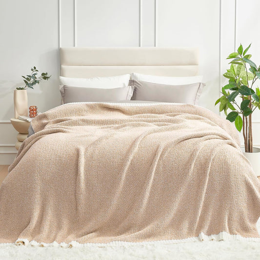 Snuggle Sac Queen Size Bedding Blankets, Super Soft Warm Oversized Bed Blankets Cozy Knit Fuzzy Blankets for Bed, Heather Beige, 90x90 inches