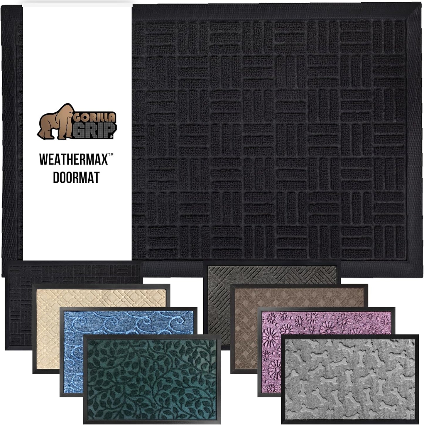 GORILLA GRIP 100% Waterproof All-Season WeatherMax Doormat US Designed Natural Rubber, Stain and Fade Resistant, Low Profile Indoor Outdoor Door Mats, Easy Clean Patio Mat, 17x29, Midnight Maze