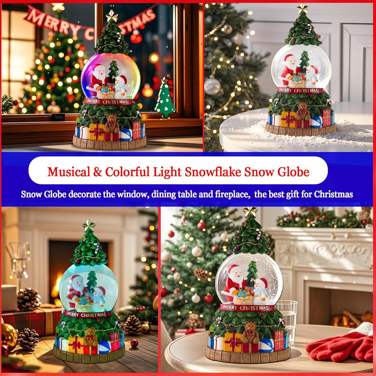 Musical Christmas Snow Globes Lantern with Christmas Tree, Santa Claus and Snowman, Glittering Lights & Snowfall - USB & Battery Powered Holiday Decor Gift for Home, Party, Family