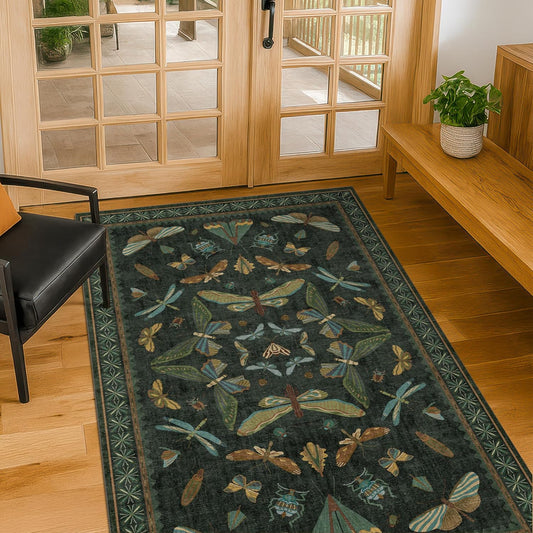 Green and Black Entryway Rug - 3x5 Throw Rug for Large Kitchen, Entry Way, Mudroom, Dark Unique Insect Print, Washable Low Pile Floor Carpet