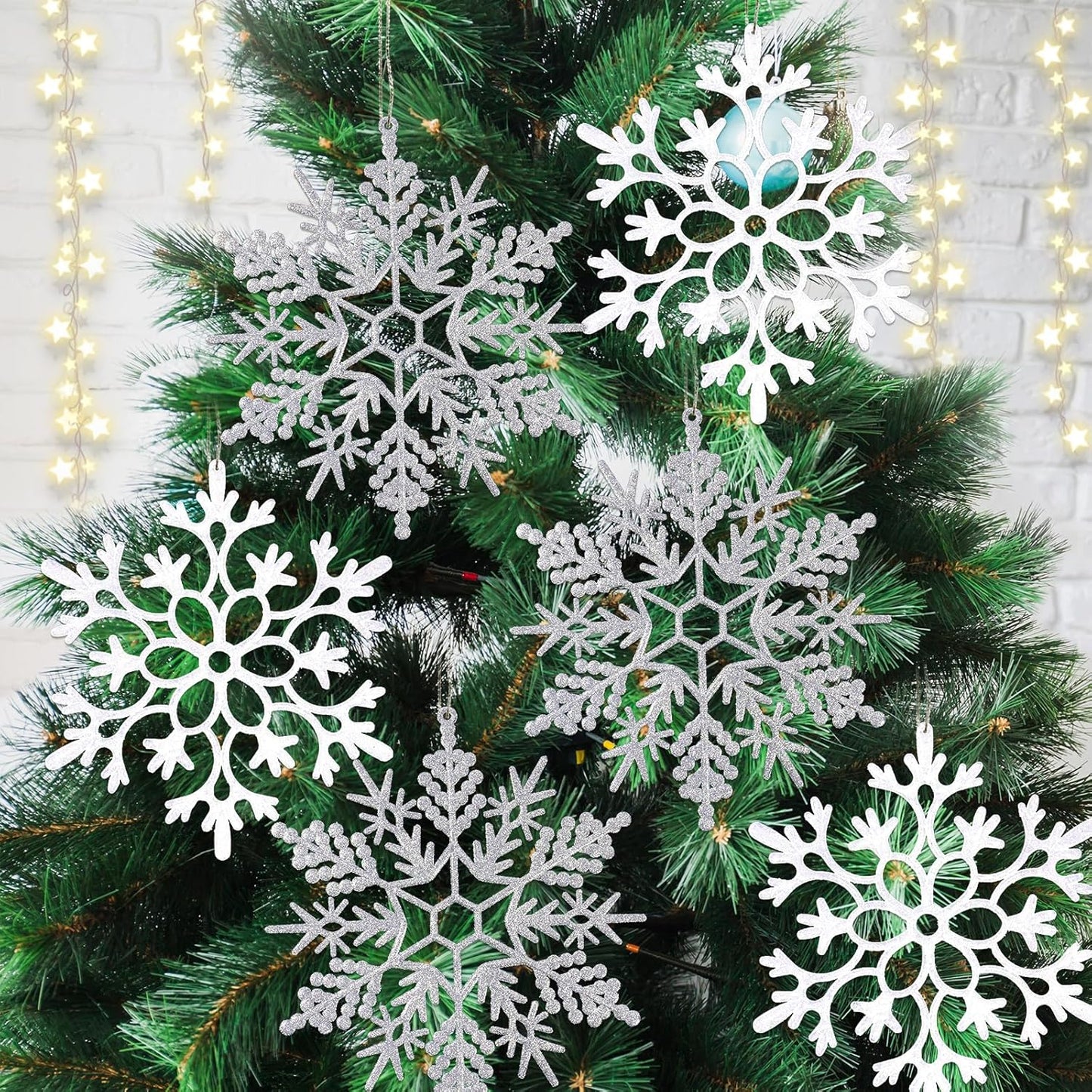 6pcs Large White Silver Snowflakes Ornaments Big Plastic Glitter Snowflake for Winter Indoor Outdoor Christmas Tree Window Room Decorations Giant Craft Snowflakes, 12/11.5 Inch