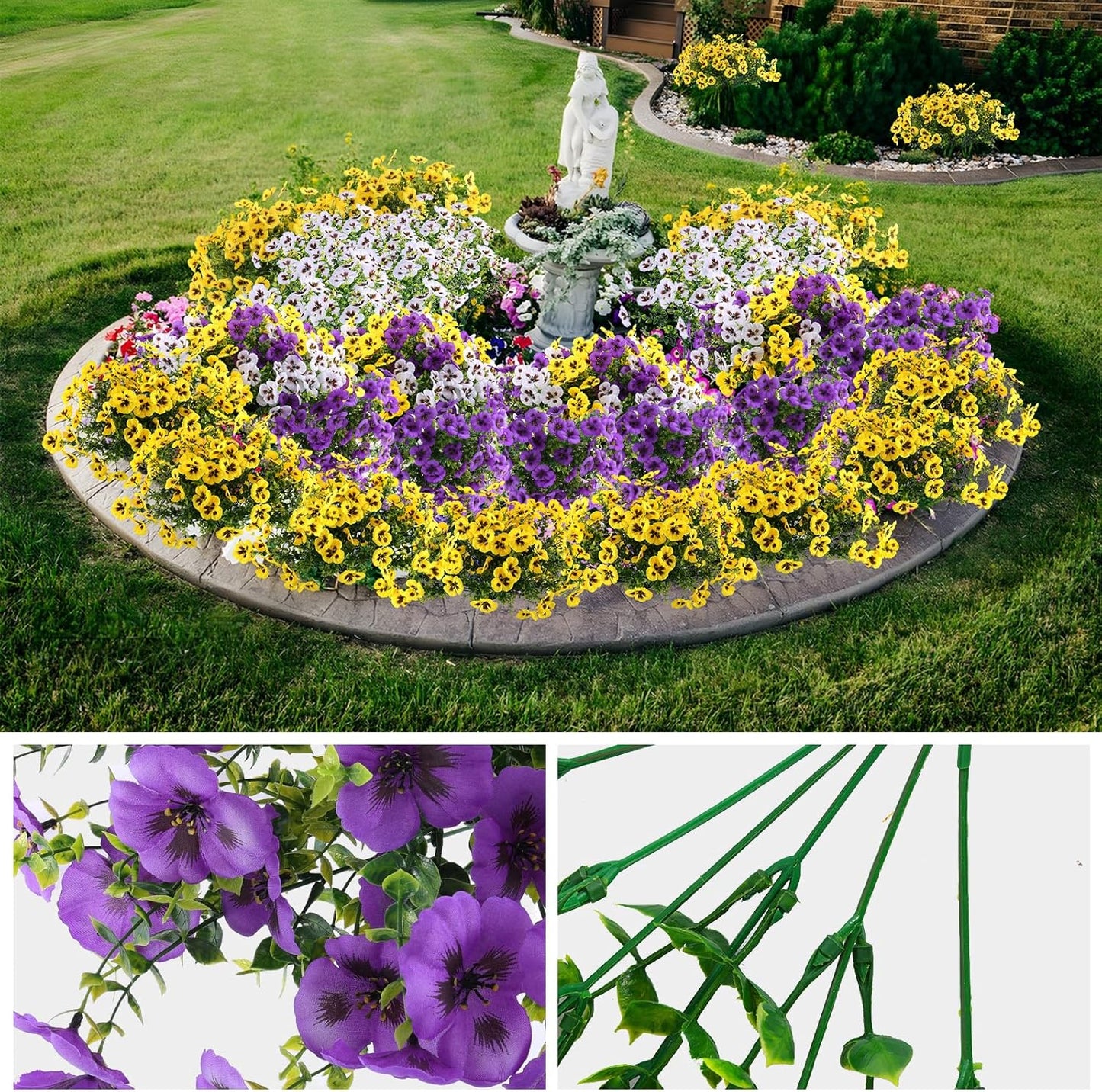 Artificial Fake Pansy Flowers for Outdoor, 36 Bundles Faux Silk Pansies Spring Flowers for Outside for Planter Front Door Porch Yard Patio Window Box Home Decor (36, Purple, Yellow, White)