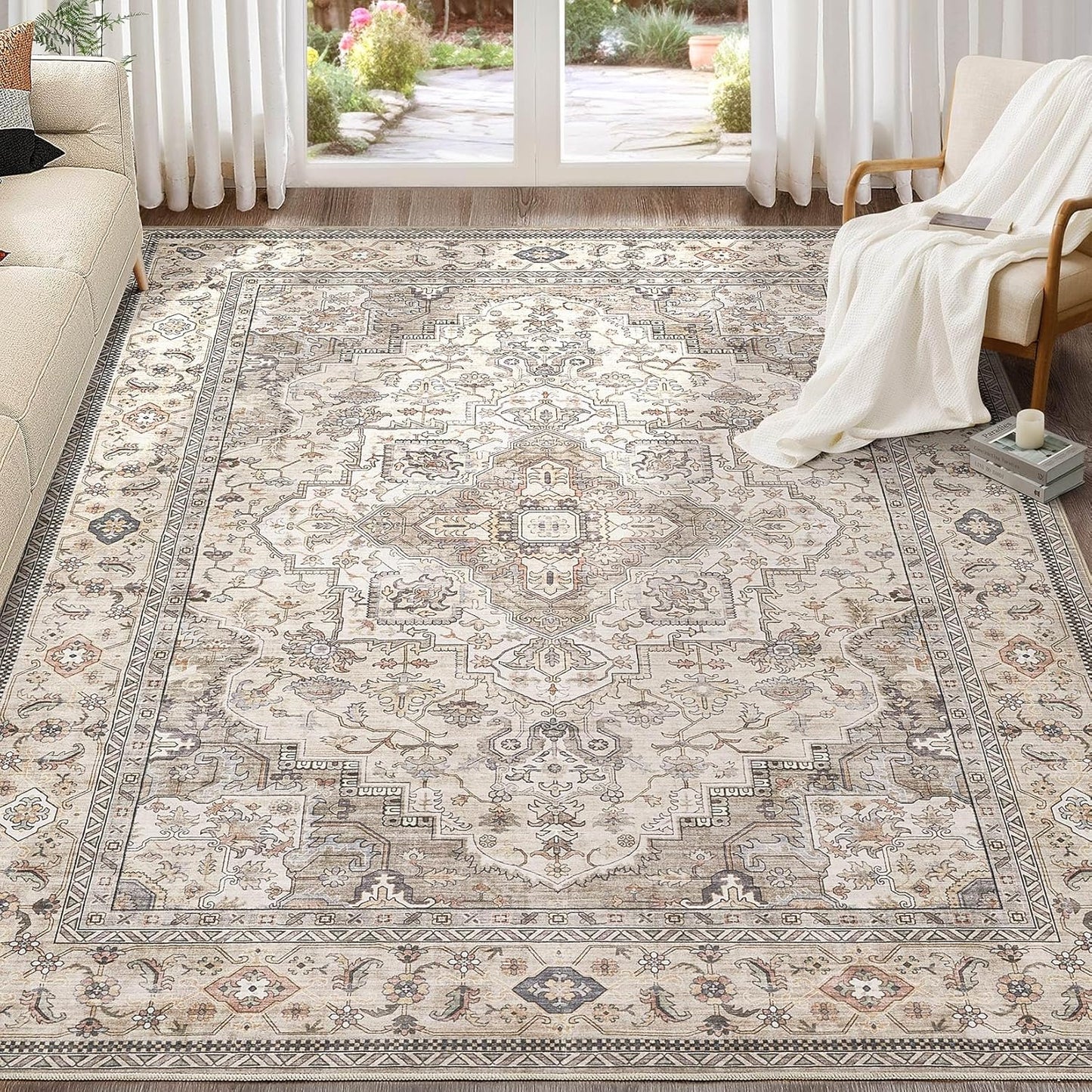 Washable Area Rugs for Living Room - 8x10 Neutral Vintage Distressed Floral Farmhouse Boho Large Soft Floor Rug Indoor Non Slip Carpet for Bedroom Dining Room Office - Brown/Multi