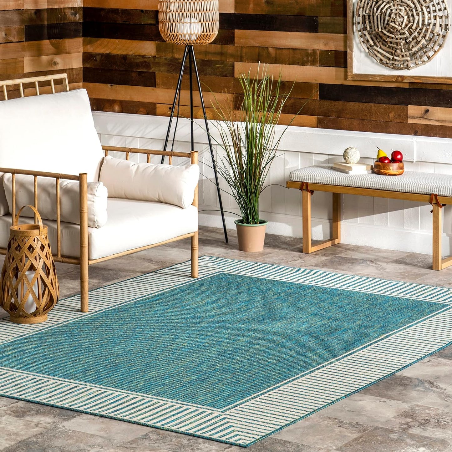 nuLOOM 9'6" x 12' Outdoor Area Rug, Casual Design With Striped Border, Stain Resistant, Highly Durable, For Patio, Balcony, Bedroom, Living Room, Dining Room, Bathroom, Teal