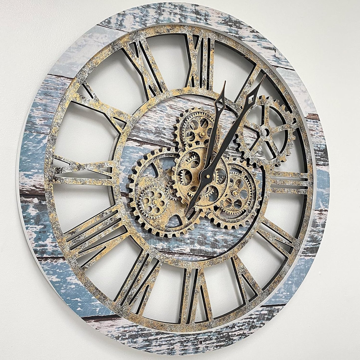 The Original Real Moving Gear Wall Clock Vintage Industrial Oversized Rustic Farmhouse (24 inch (60cm), Vintage Aqua Green and Bronze)