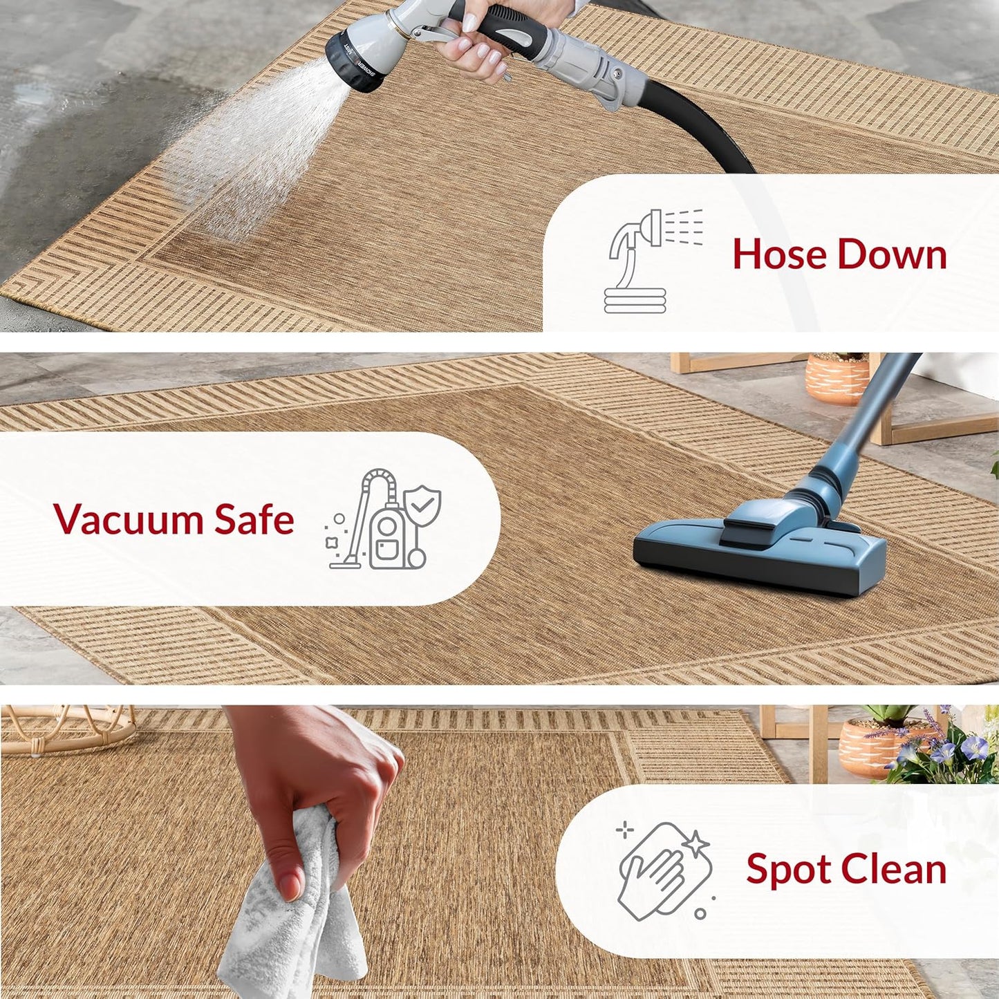 nuLOOM 9'6" x 12' Outdoor Area Rug, Casual Design With Striped Border, Stain Resistant, Highly Durable, For Patio, Balcony, Bedroom, Living Room, Dining Room, Bathroom, Light Brown