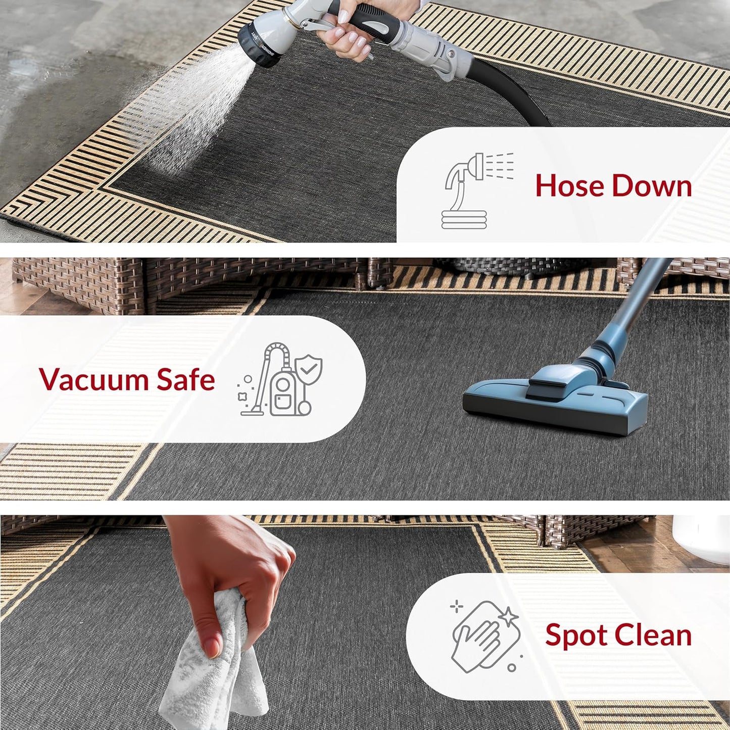 nuLOOM 2' x 3' Outdoor Area Rug, Casual Design With Striped Border, Stain Resistant, Highly Durable, For Patio, Balcony, Bedroom, Living Room, Dining Room, Bathroom, Dark Grey