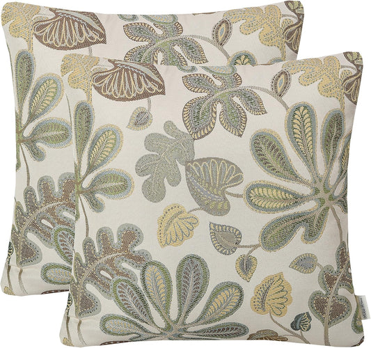 Set of 2 Jacquard Tropical Leaf Pattern Throw Pillow Covers Decorative Pillowcase 22X22 Inches,Green Cream