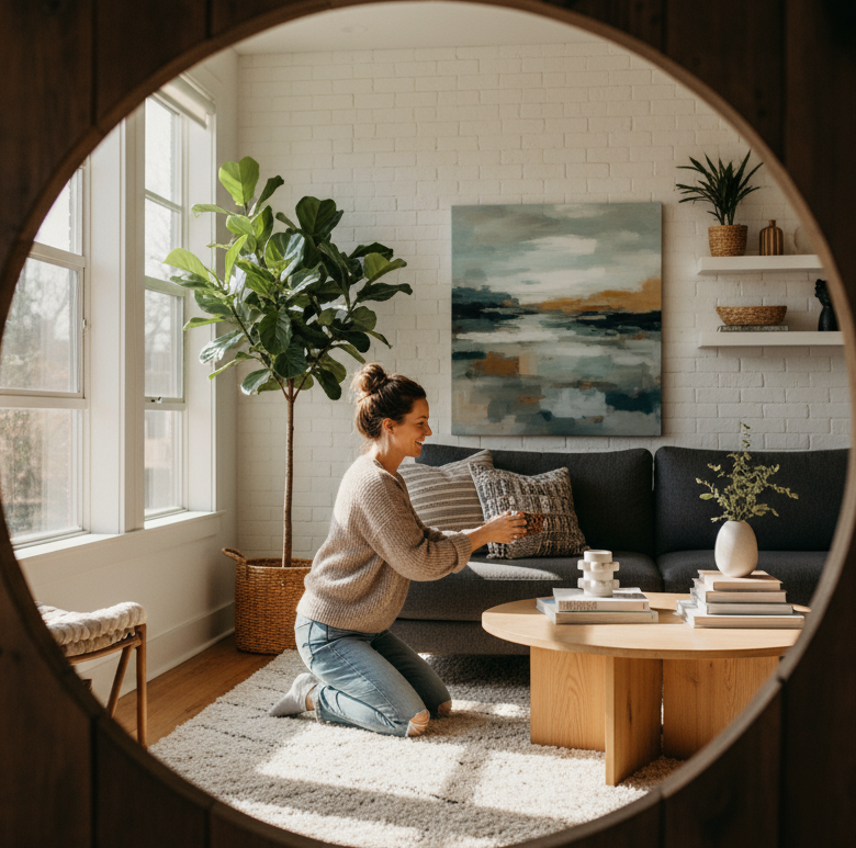 circle photo of woman decorating her living room, make sure it's a real photo